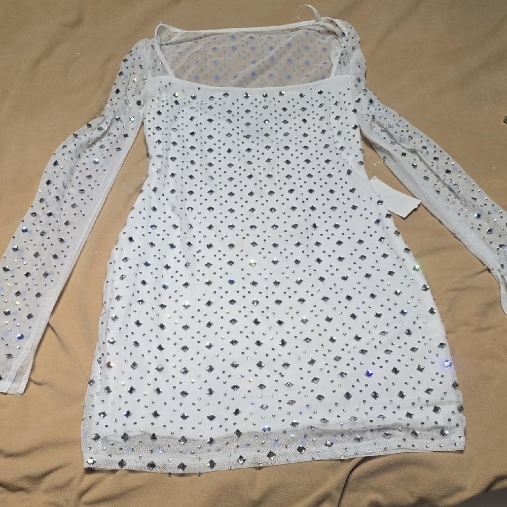 B Darlin White Rhinestone Sheer Dress